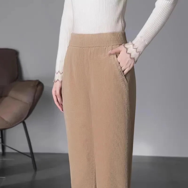 Autumn Winter Thickened Corduroy Casual Harlan Pants for Mom High Waist Loose Fit Straight Leg Casual Outerwear Polyester Fiber