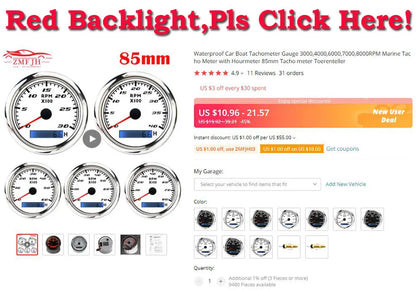 AD 85MM Tachometer with LCD Hour Meter For Marine Boat Car RPM Gauge 0-3000 4000 8000 RPM Meter Tach Sensor 7Colors Backlight