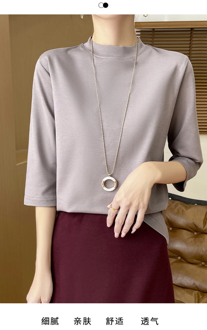 Summer And Autumn New 100% Cotton T-shirt Women's Semi-High-Necked Cropped Sleeves Loose Solid Color Bottoming Top
