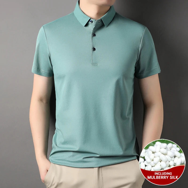 Top Grade 4.7% Mulberry Silk New Summer Brand Luxury Brand Polo Men Shirt Short Sleeve Plain Casual Tops Fashions Men Clothes