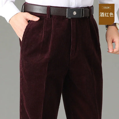 High Waist Double Pleated Winter Corduroy Pants Men Straight Loose 100% Cotton Autumn Casual Mens Trousers Size 44 46 48 50
