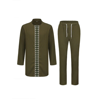 Men Two Piece Kaftan Suit African Ethnic Embroidered Zipper Wedding Outfit
