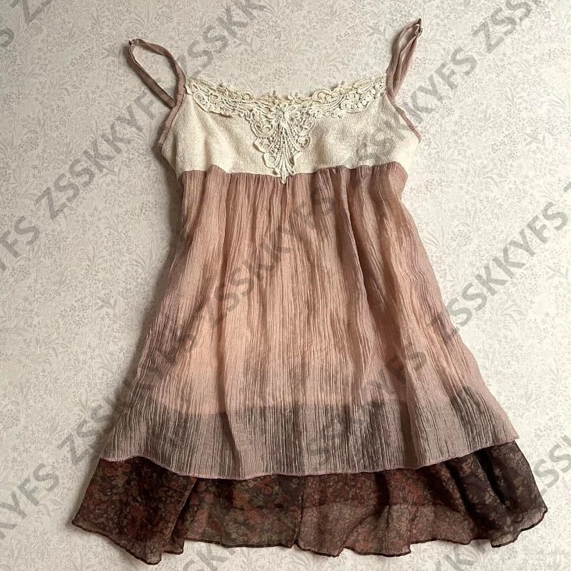 Y2k Himekaji Dresses Lace Summer Straps Sexy Elegant Party Dress 2026 2-Piece Japanese Soft Girl 2000s Casual Camis Short Skirt