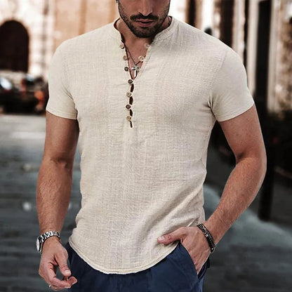 Men's Short Sleeve Linen Shirt Summer Lightweight Casual V-Neck T-Shirt Men Basic Solid Color Loose Fit Top