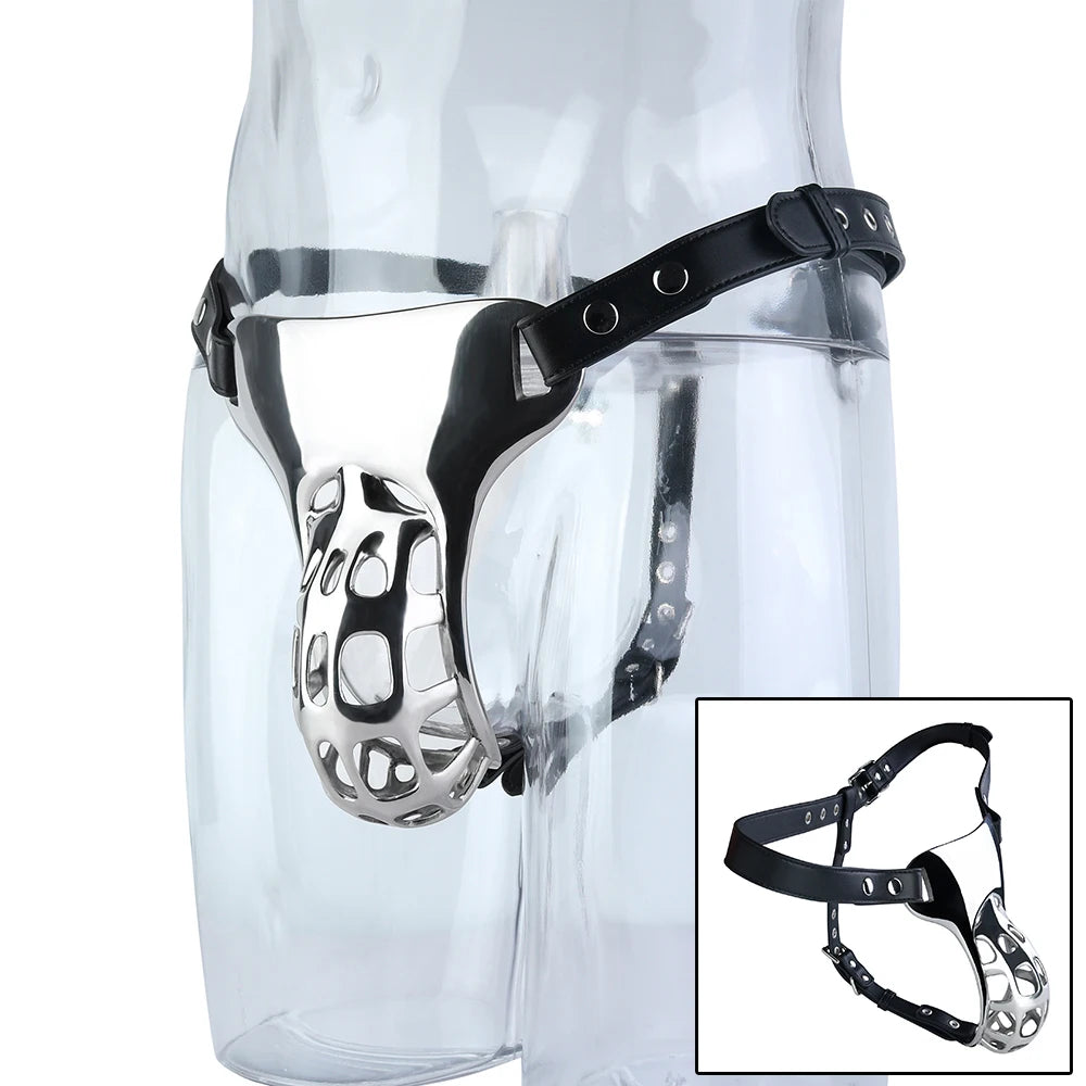 QKKQ Wearable Heavy Stainless Steel Adult Briefs With Microfiber Leather Cock Cages Penis Bondage Chastity Cage Metal Underwear