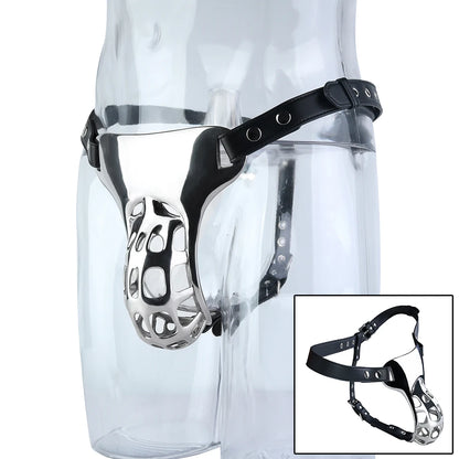 QKKQ Wearable Heavy Stainless Steel Adult Briefs With Microfiber Leather Cock Cages Penis Bondage Chastity Cage Metal Underwear