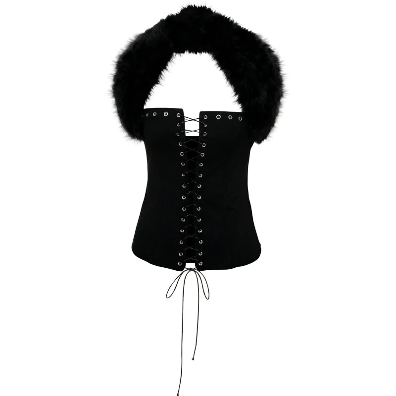 Sisterlinda Furry Patchwork Sexy Tank Top Women Y2K Halter Backless Shirring Sleeveless Stretch Coquette Midnight Party Clubwear