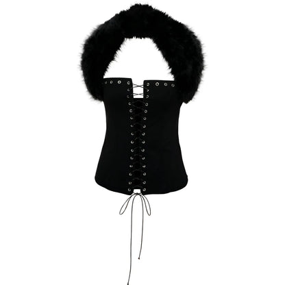 Sisterlinda Furry Patchwork Sexy Tank Top Women Y2K Halter Backless Shirring Sleeveless Stretch Coquette Midnight Party Clubwear