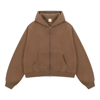 Custom LOGO women's  Autumn Winter New 370G Heavy Fleece BOXY Short and Wide Double Head Zipper Cardigan Couple Hooded Sweater