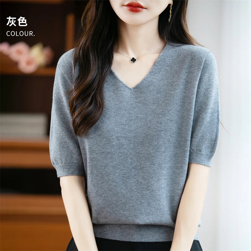 Thin Worsted Wool Short-Sleeved Women's Loose Round Neck T-shirt Printed Summer Fashion Knitted Bottoming Shirt Half-Sleeved