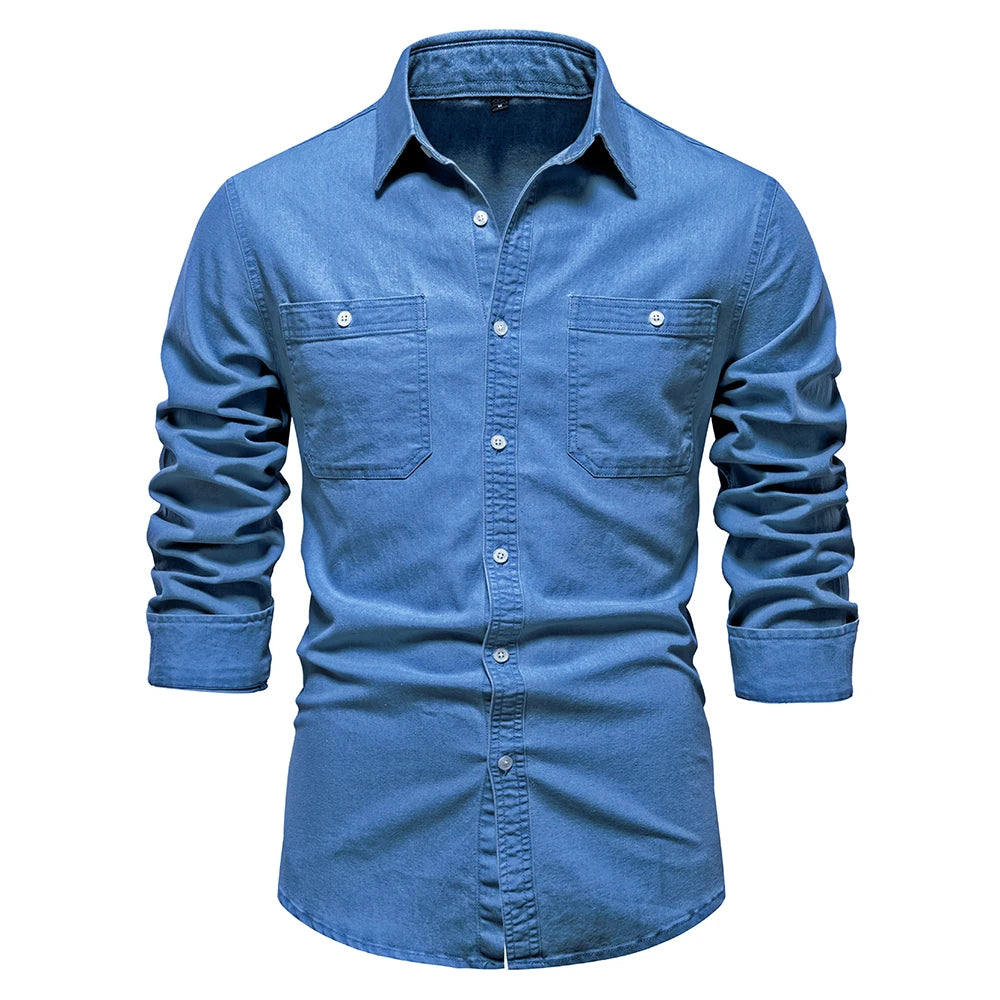 2023 New Autumn Men's Denim Shirt Cotton Elastic Casual Social Design Double Pockets Slim Jeans Shirts for Men