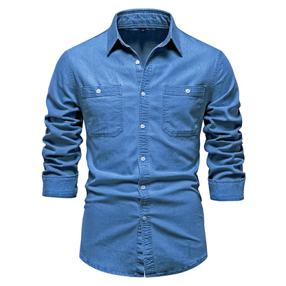 2023 New Autumn Men's Denim Shirt Cotton Elastic Casual Social Design Double Pockets Slim Jeans Shirts for Men