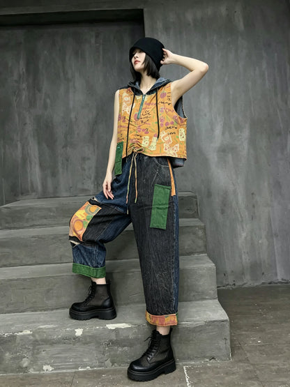 Distressed Color-blocked Denim Patchwork Hooded Vest + Jeans Two-piece Set Women 2026 Summer Stylish Fashion Suit XY324