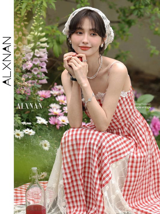 ALXNAN Plaid Lace Panel Sleeveless Dress Long A-line Women's Holiday Party Dresses Fashion Elegant Travel Female Clothing L53525