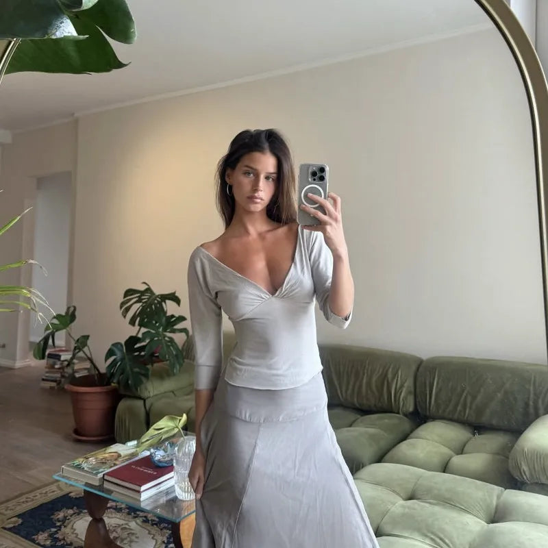 Tossy Summer V-Neck Sexy T-Shirts Top Women Patchwork Casual Solid Slim Commute Y2k Top Pullover Female Backless Tee Top 2026