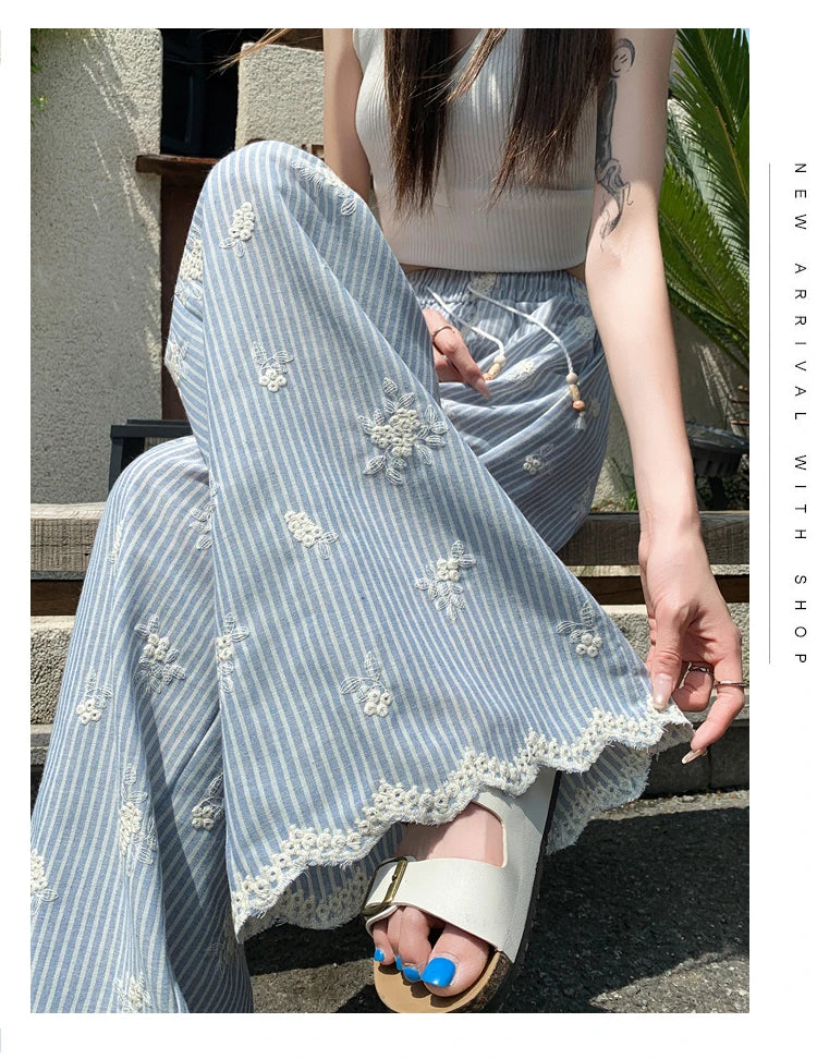 Vintage Blue Striped Embroidered Wide-leg Pants Women's Summer 2026 High-waisted Lace Stitching Casual Straight Trousers Popular