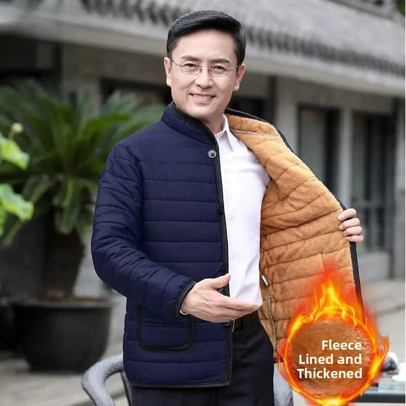 Thickened Fleece Lined Stand Collar Cotton Jacket Dad Style Warm Inner  for Middle Aged And Elderly Men's Clothing