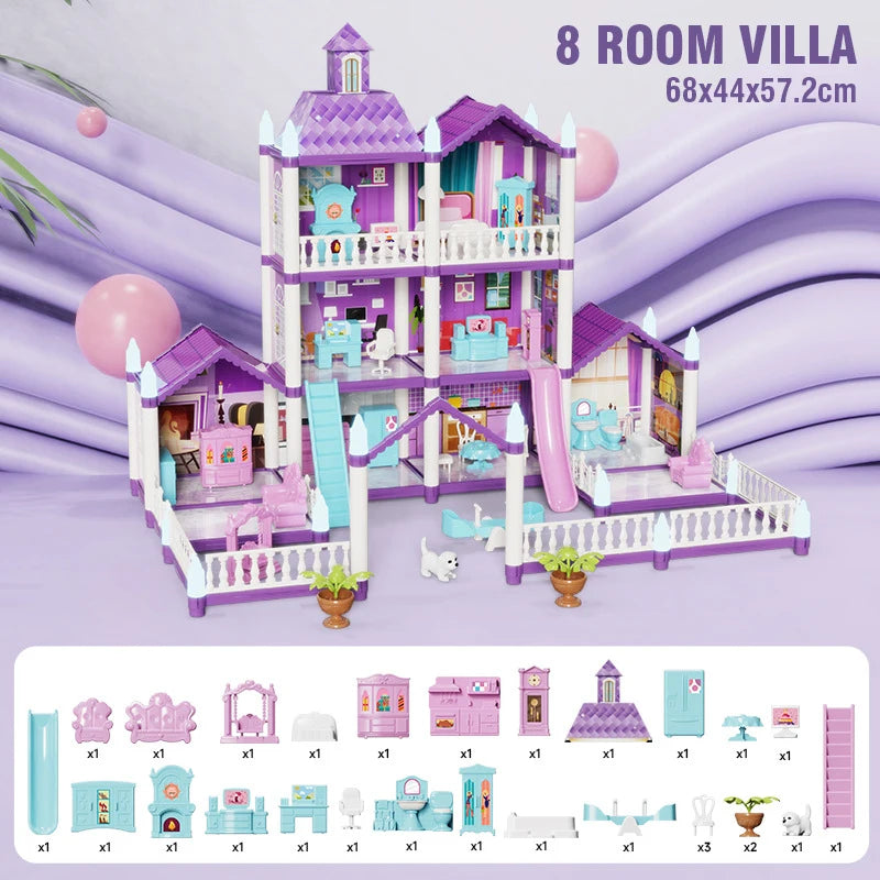 DIY Large Doll House Set Villa Play House Assemble Simulation Furniture Bedroom Kitchen Kids Educational Toys Girl Boys Gifts