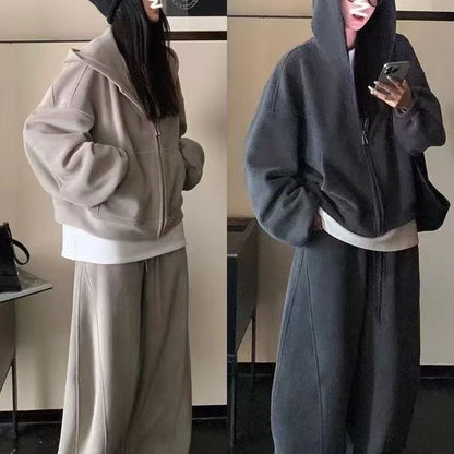 Korean Lazy Style Women's Thickened Fleece Sports Suit Two-Piece Set Casual Wide Leg Pants Hoodie Autumn Winter Fashion