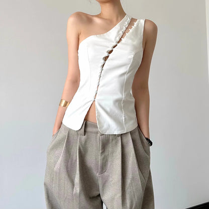 Cryptographic Elegant Asymmetrical Top with Hook and Eye Fashion Sexy Cut Out Backless Split Tops Slim Vest Summer Clothes