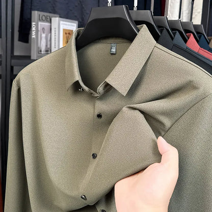 Men's Wool-Blend Dress Shirt Charcoal Gray Business Essential Seamless Technology Non-Iron & Tailored Collar All Season Comfort