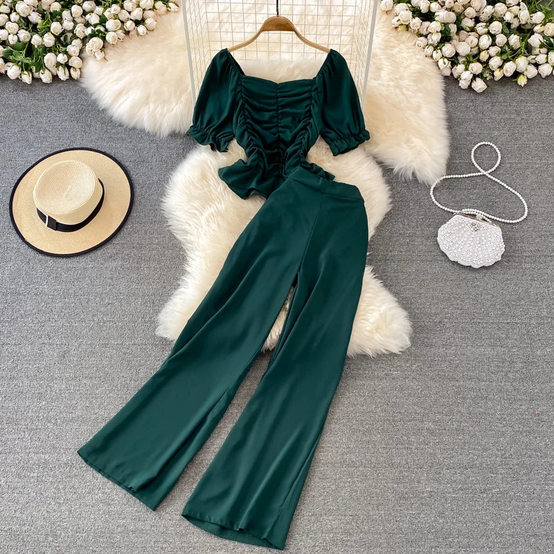 Faionable Casual Women's Set High Waist Wide Leg Pants Long Pants Two Piece Square Collar Slim Fit irt Spring