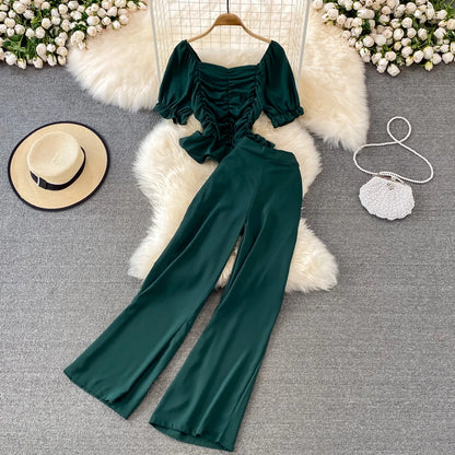Faionable Casual Women's Set High Waist Wide Leg Pants Long Pants Two Piece Square Collar Slim Fit irt Spring