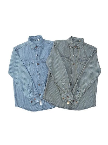 Classic Striped American Retro Washed Denim Work Shirt Casual Loose Long Sleeve Thickened Shirt Cotton Youth Travel Autumn