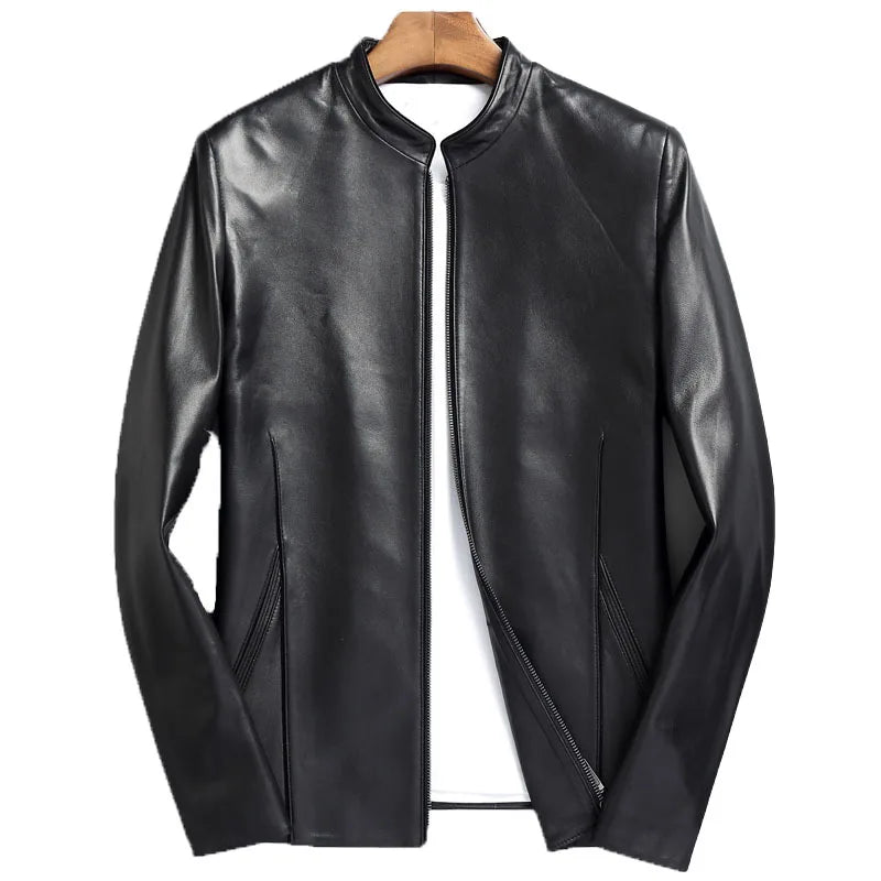 plus Size Men's Leather Jacket Stand Collar Genuine Sheepskin Coat Business Casual Style Autumn Wear Comfortable Fit Coat