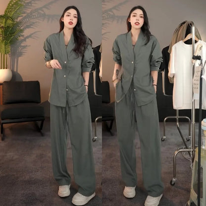 Casual Linen Silk Men Women Set Spring Summer Fashion Straight Leg Pants Long Sleeve Shirt Outerwear Two Piece Set Couple Out...
