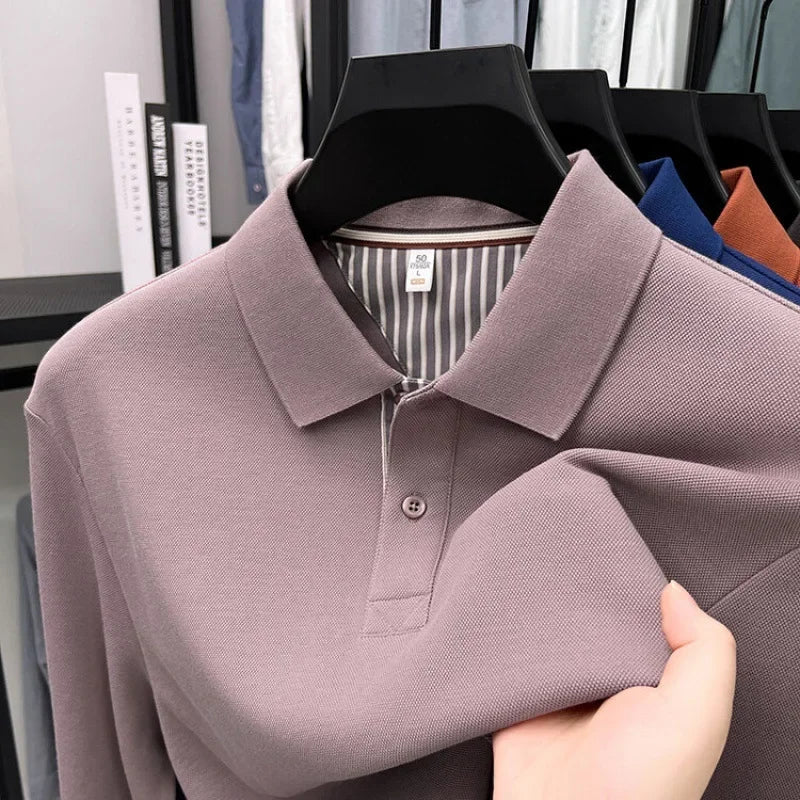 Men's casual long sleeved polo shirt autumn new loose solid color classic versatile lapel T-shirt