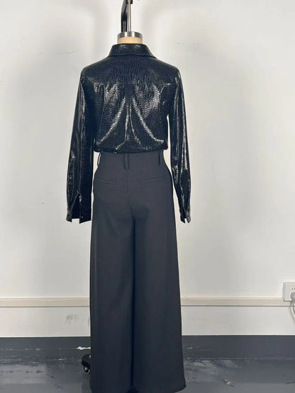 Elegant Long Sleeve PU Leather Shirt Women's Black Button up Snake Skin Pattern Fashionable Top for Autumn Winter