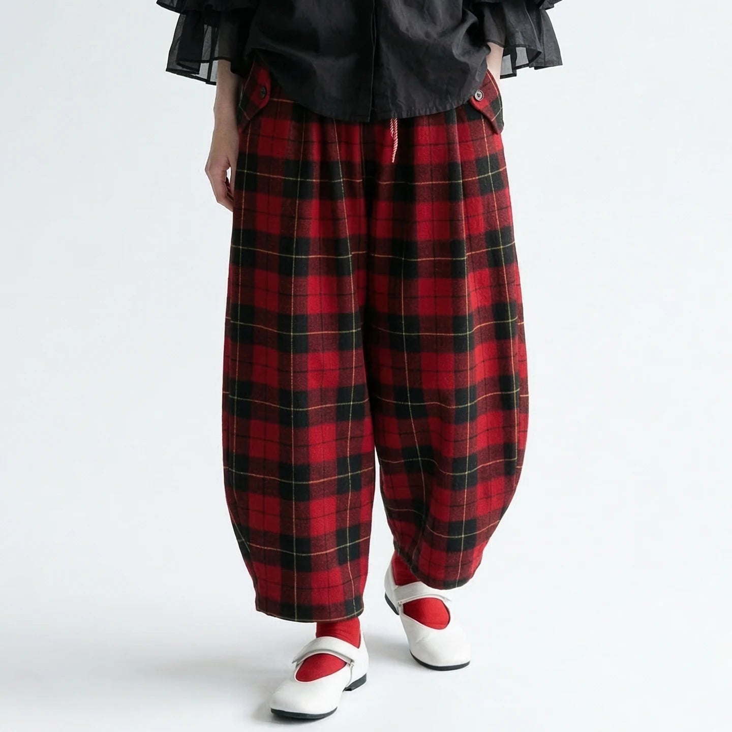 Red - Black Plaid Drawstring Lantern Pants, Retro Hong Kong Style, Daily Outfit, Casual & Free Vibe 255338