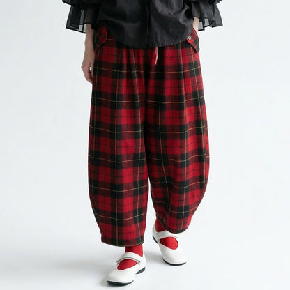 Red - Black Plaid Drawstring Lantern Pants, Retro Hong Kong Style, Daily Outfit, Casual & Free Vibe 255338