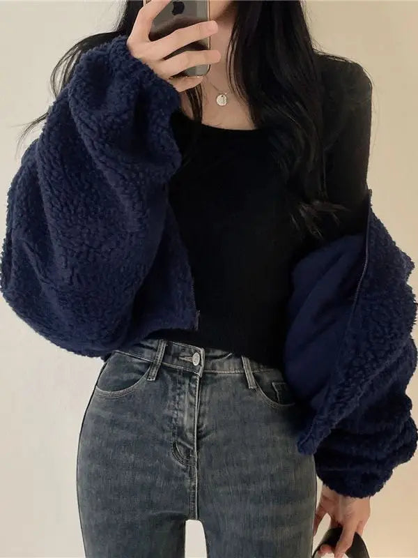 Korean Style Short Zipper Hoodie Women's Loose Fit Lamb Fur Vest Autumn Winter Streetwear Casual Long Sleeve Stand Collar Coat