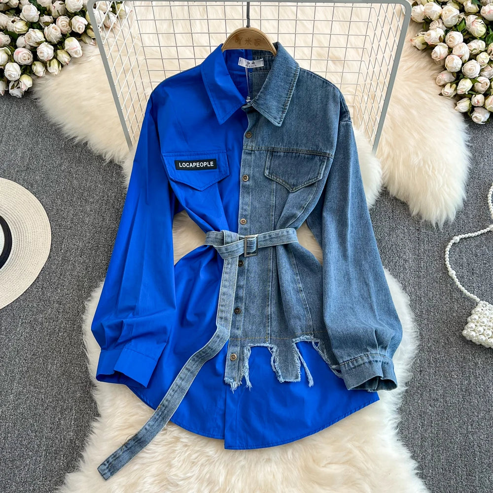 Retro Hong Kong Sle Casual Mid-Length Women's Denim irt with Belt Spring New Faion Chic Loose Fit Pure Color  Collar