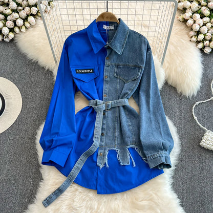 Retro Hong Kong Sle Casual Mid-Length Women's Denim irt with Belt Spring New Faion Chic Loose Fit Pure Color  Collar