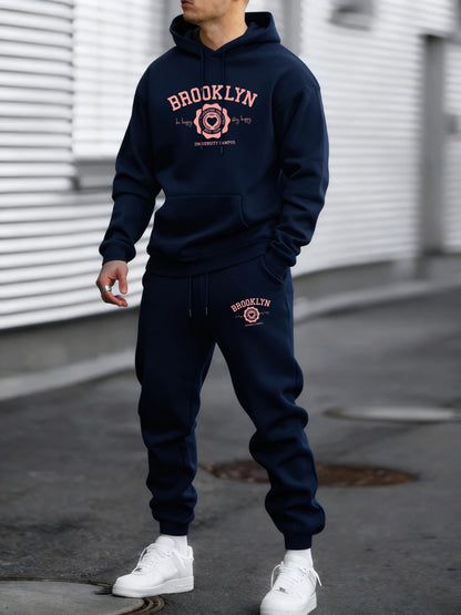 Brooklyn Best Team Heart Print Men Sportsuit Autumn Hip Hop Hoodies Soft Fleece Simple Pants Maleloose Fashion Sportswears