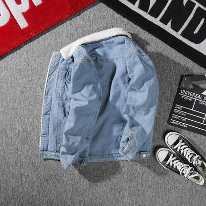 Men's Denim Jacket Fleece Lined Thickened Lamb Fur Collar Cotton Jacket Korean Loose Style Warm Cotton Coat Winter Outerwear