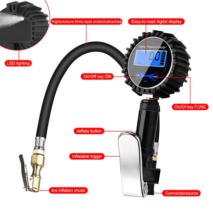 250PSI Digital Tire Pressure Inflator Gauge Aluminum Alloy Tire Pressure Gauge Air Line Clip-on Tyre for Motorcycle Bicycle Auto