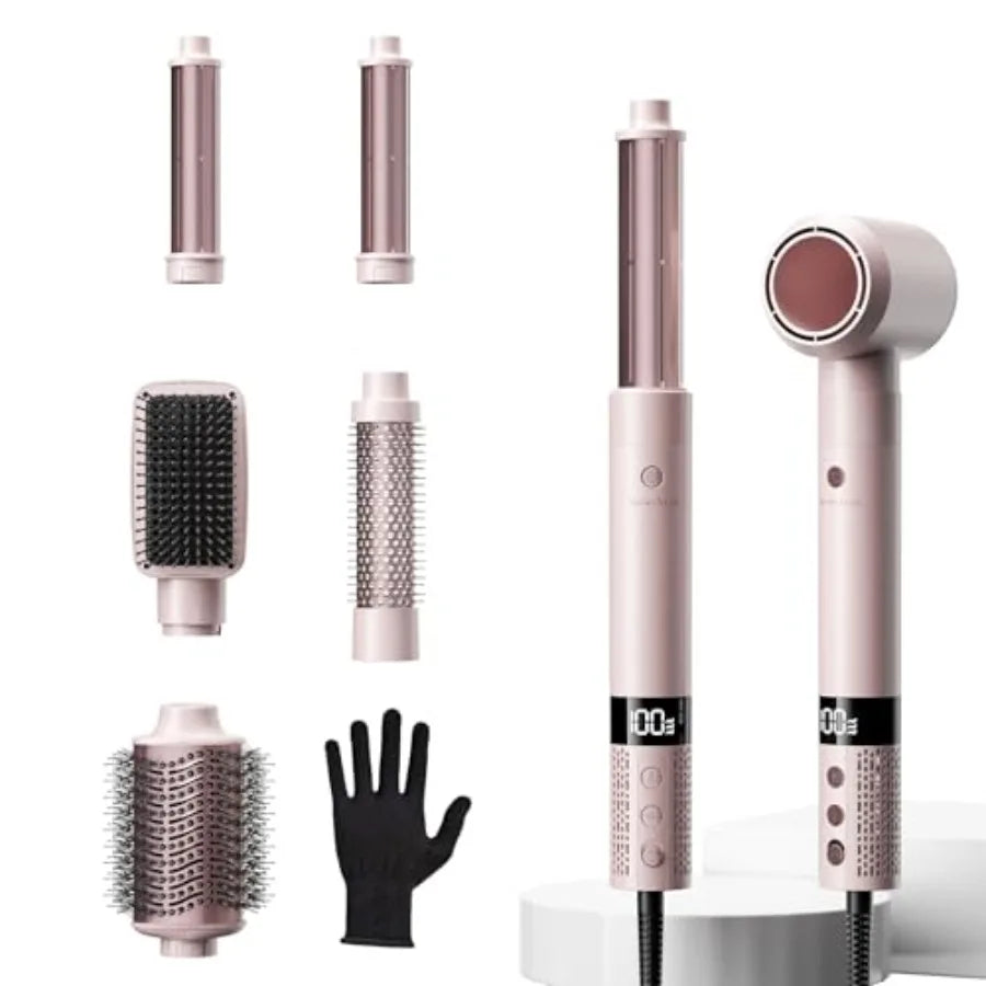 6 in 1 Blow Dryer Brush Set Grey/ Blind Boxes, Powerful Hair Dryer Brush with Auto-Winding Curl L/R, Fast Drying, Smooth Blowou