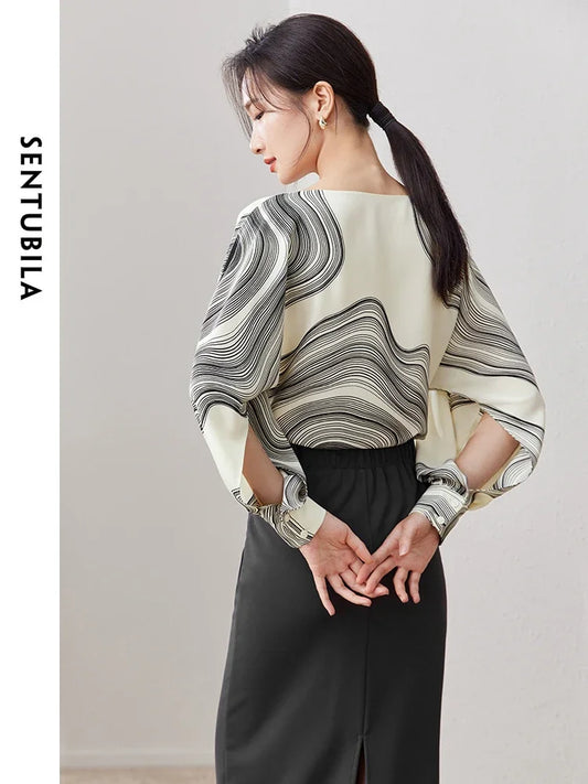 SENTUBILA Printing Chiffon Blouse For Women 2026 Spring Autumn Vintage Elegant Loose Long Sleeve Tops Woman Clothing 133V50742