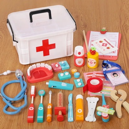 Wooden doctor play house toy set simulation stethoscope injection play enlightenment role-playing game interactive toy