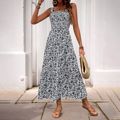 Women's Floral Maxi Dress Summer Square Neck Strappy Backless Smocked Bodice High Waist Long Dress Vacation Beach Outfit 2026