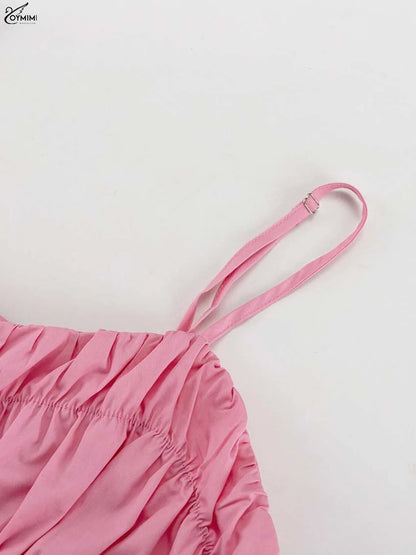 Oymimi Fashion Pink Cotton Women's Dress Elegant Spaghetti Strap Open Back Solid Dresses Casual High Waist Ankle-Length Dresses