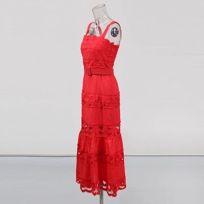 TWOTWINSTYLE Solid Hollow Out Elegant Dresses for Women Square Neck Sleeveless Patchwork Lace Dress Female Fashion Clothing New