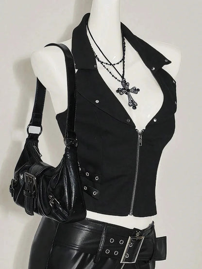Street Y2K Fashionable Gothic Diamond Nail Print Contrasting Slim Spicy Girl Vest Harajuku Aesthetics Versatile Classic Tank Top