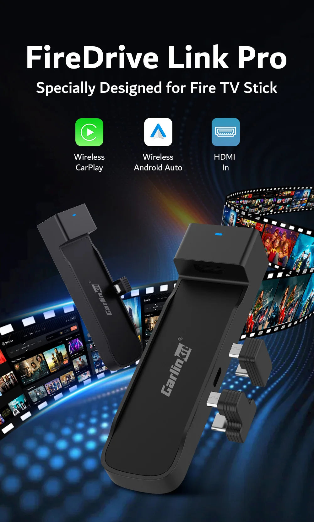CarlinKit FireDrive Link Pro Wireless CarPlay Adapter for Amazon Fire TV Stick HDMI Android Auto Car TV Mate Video Streaming Box