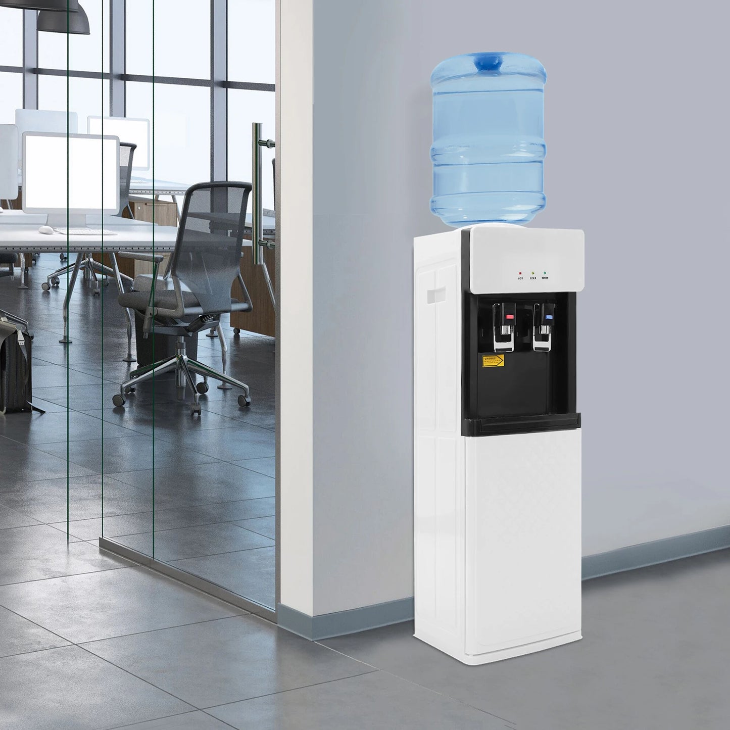 Top Loading Hot Cold Water Dispenser Floor Standing Freestanding White Modern Rectangular PP Stainless Steel Body US Plug 110V 60Hz High Efficiency Heating Cooling 19L Large Bottle Supported Stable Water Temperature Easy To U