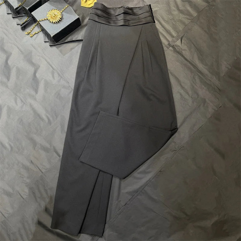 Women's pants New asymmetrical slim straight leg pants for spring 2026 Satin patchwork high waisted wide leg pants casual pants